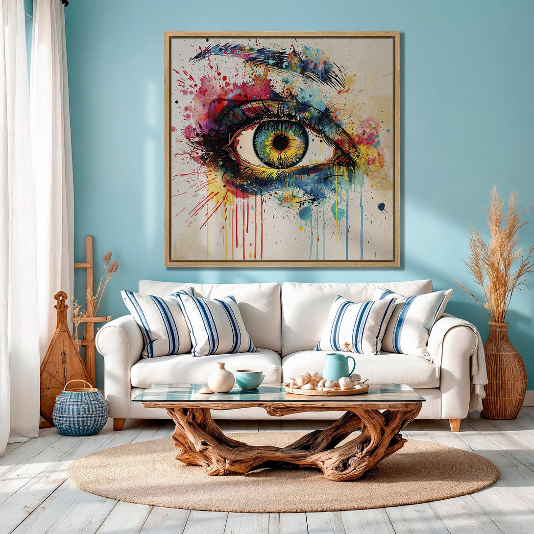 Framed Wall Art: Abstract eye art in vibrant watercolor style. Colorful splashes of paint on a canvas print, perfect for modern home decor.