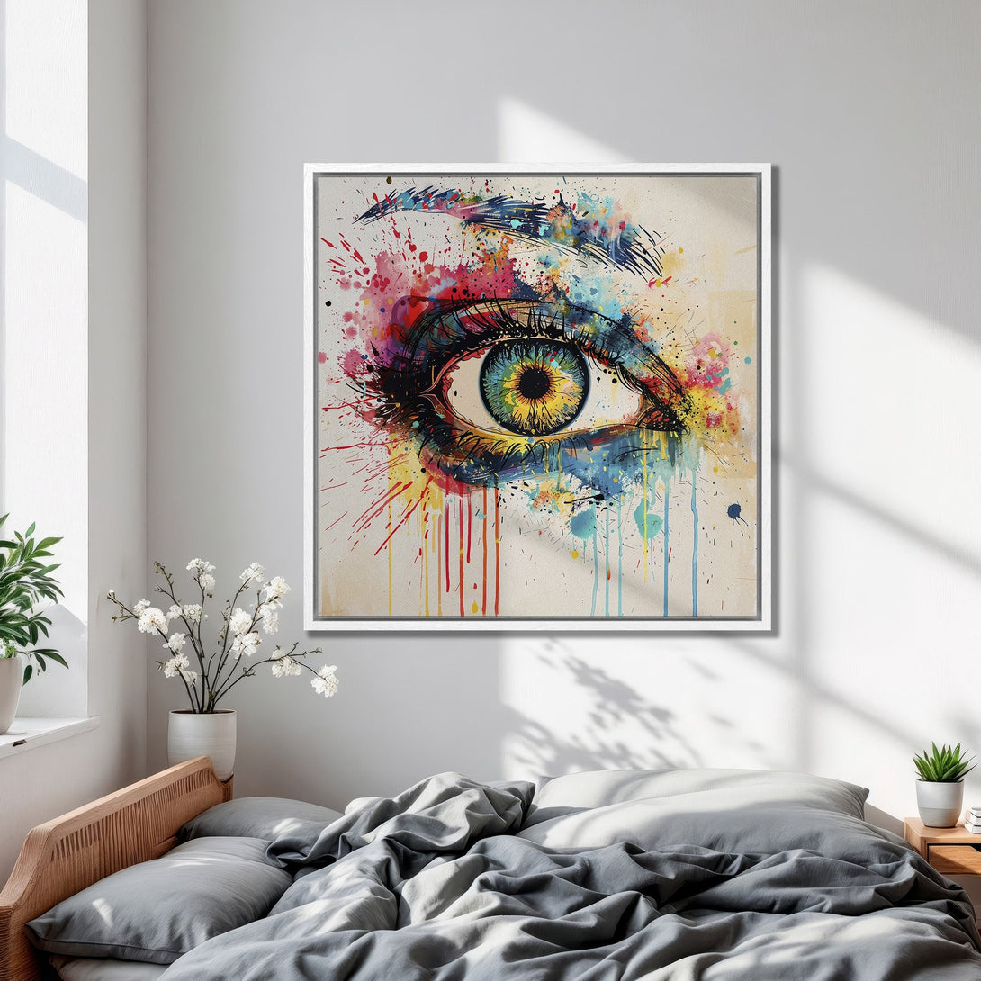 Framed Wall Art of a vibrant, watercolor-style eye. Colorful splashes and a bright palette make this canvas print a stunning bedroom focal point.