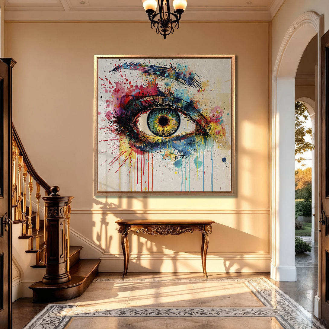 Framed Wall Art: Vibrant eye art Canvas Print in a colorful watercolor style. Adds a pop of color to any interior with its bold, expressive palette.