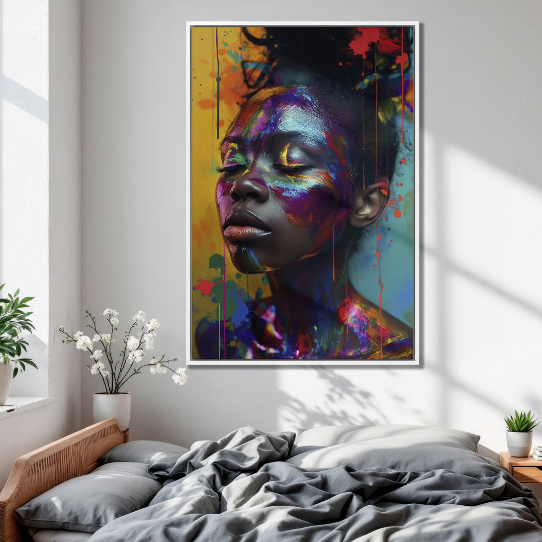 Framed Wall Art featuring a woman's portrait with colorful paint splatters. Modern art with a vibrant, expressive color palette. Perfect bedroom decor.