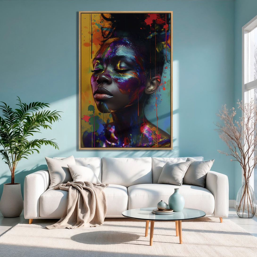 Framed Wall Art: Abstract portrait of a woman with colorful paint. Modern art in a living room. Vibrant color palette.