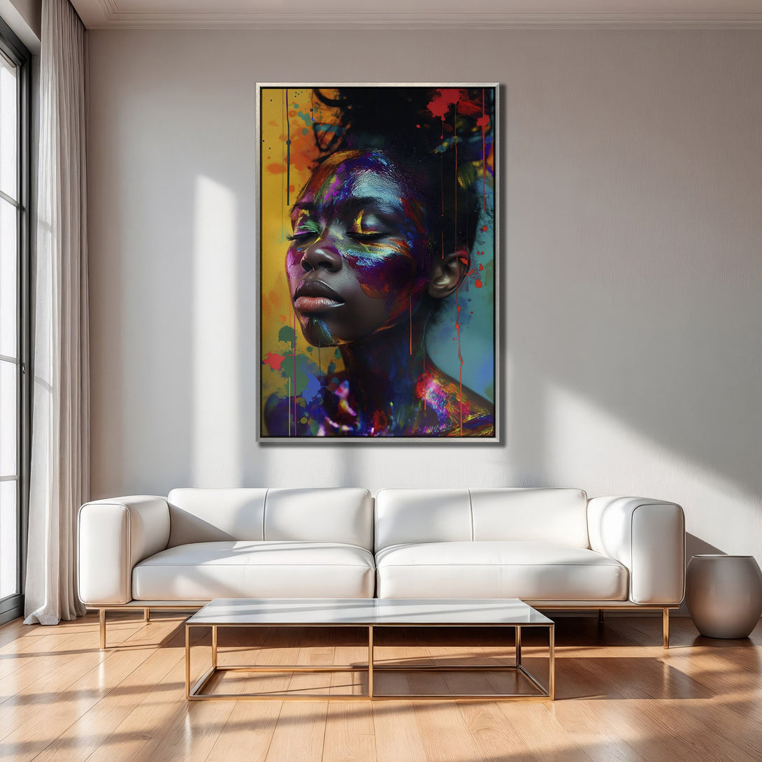Framed Wall Art: Vibrant portrait of a woman with colorful paint, modern abstract style. Adds a pop of color to any interior with a bold color palette.