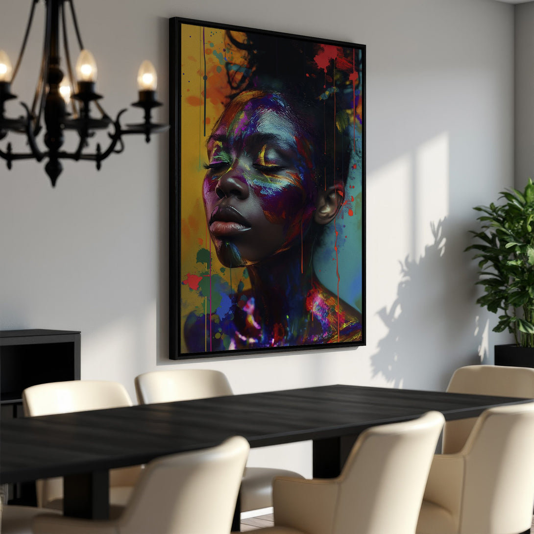 Framed Wall Art: Stunning portrait of a woman with vibrant, colorful paint splashes. Modern art with a bold, expressive color palette, perfect for any interior.