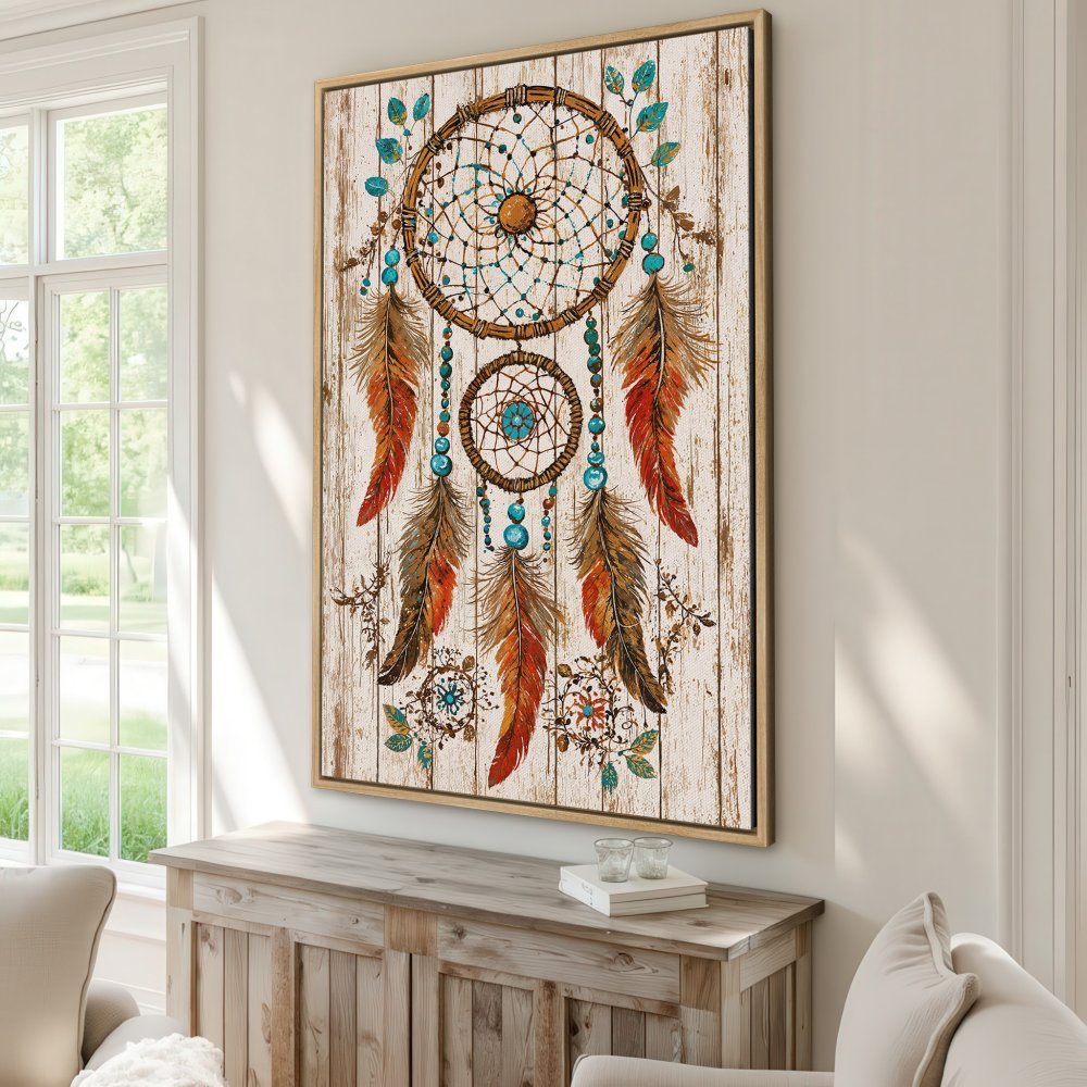 Framed Wall Art: Dreamcatcher Canvas Print in rustic style, featuring warm orange, turquoise, and brown tones. Perfect boho decor for your home!