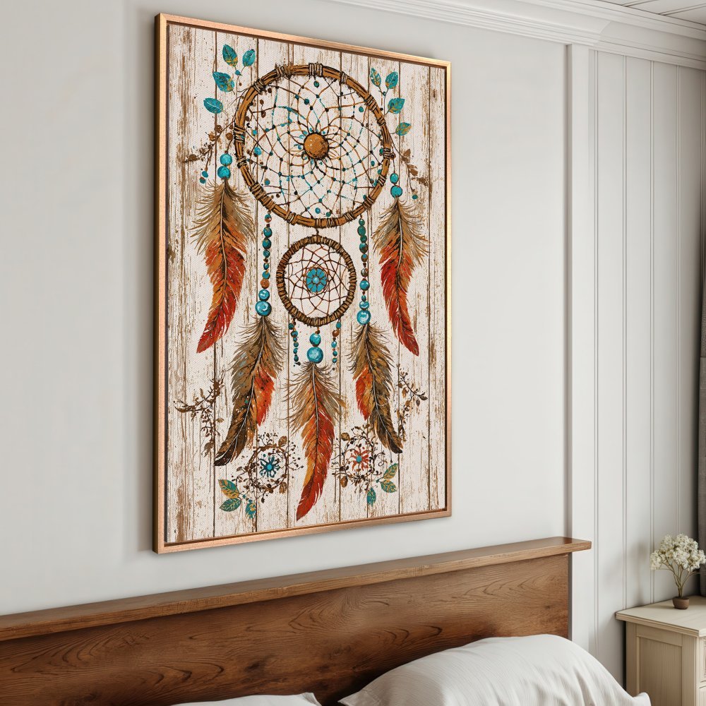 Framed Wall Art: Dreamcatcher print with rustic wood background. Earthy tones of brown, orange, and teal. Boho style wall decor for bedroom or living room.