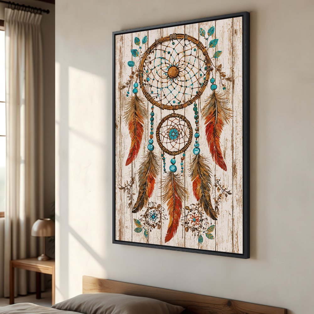 Framed Wall Art: Dreamcatcher canvas print in boho style. Features warm brown, teal, and orange hues on a rustic wood-look background. Perfect for bedroom decor.