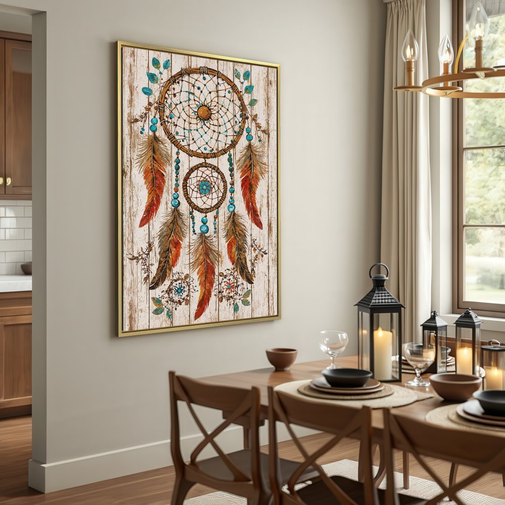 Canvas Print of a Dreamcatcher on wood, featuring rustic style and a warm, earthy color palette. Perfect boho wall art!