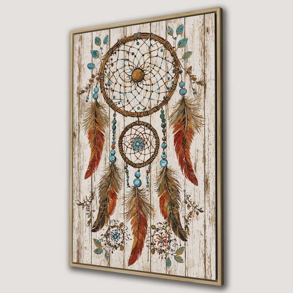 Framed Wall Art: Dreamcatcher print with rustic, boho style. Features warm earth tones and turquoise accents on a wood background. Perfect home decor.