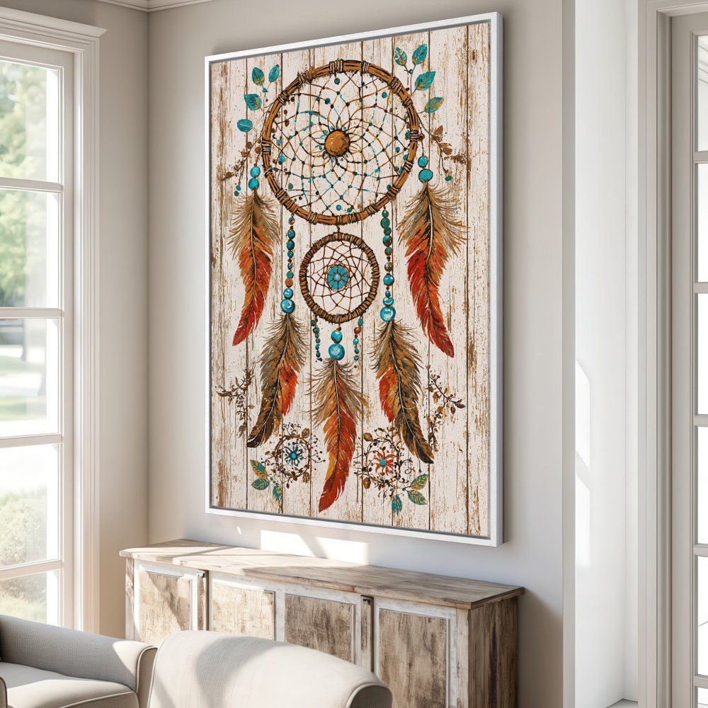 Framed Wall Art: Dreamcatcher canvas print with rustic, boho style. Features warm earth tones, turquoise accents, and feather details. Perfect home decor!