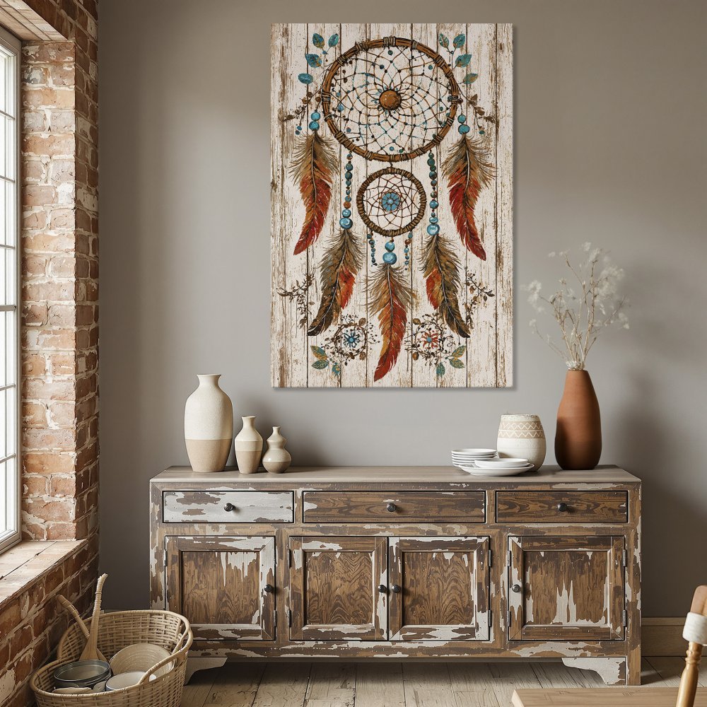 Framed Wall Art: Dreamcatcher Canvas Print in rustic style, featuring warm orange, teal, and brown tones. Perfect boho decor for your dining room!