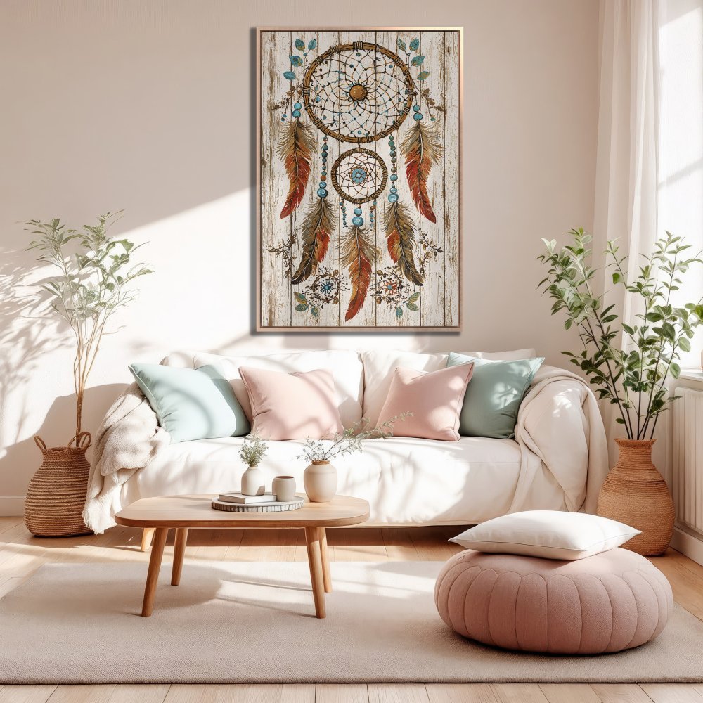 Framed Wall Art: Dreamcatcher Canvas Print in boho style, featuring warm earthy tones and turquoise accents. Perfect for living room decor!