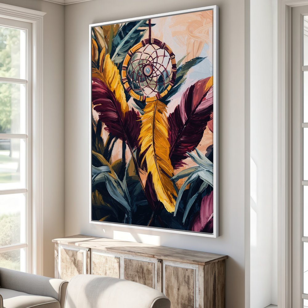 Framed Wall Art: Dreamcatcher painting with vibrant yellow, burgundy, and teal feathers. Boho style canvas print, perfect for adding a touch of art to your home.