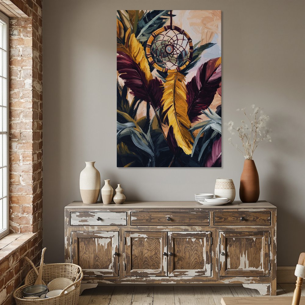 Framed Wall Art: Dreamcatcher painting with vibrant yellow, burgundy, and teal feathers. Boho style canvas print adds warmth and style to dining room decor.