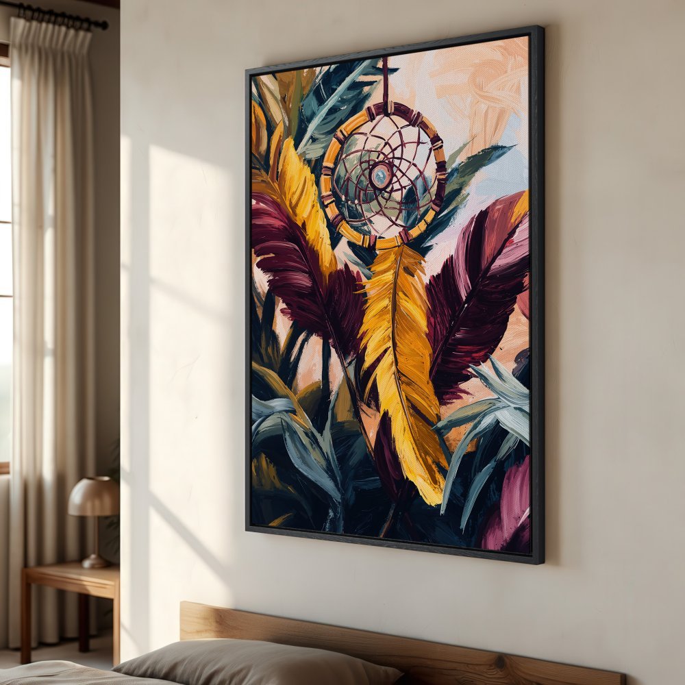 Framed Wall Art: Dreamcatcher painting with vibrant yellow, burgundy, and teal feathers. Boho style canvas print for bedroom decor.