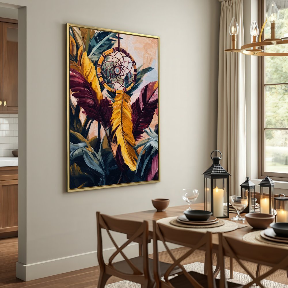 Canvas Print featuring a dreamcatcher with vibrant yellow, burgundy, and green feathers. Bohemian style wall art for your home.