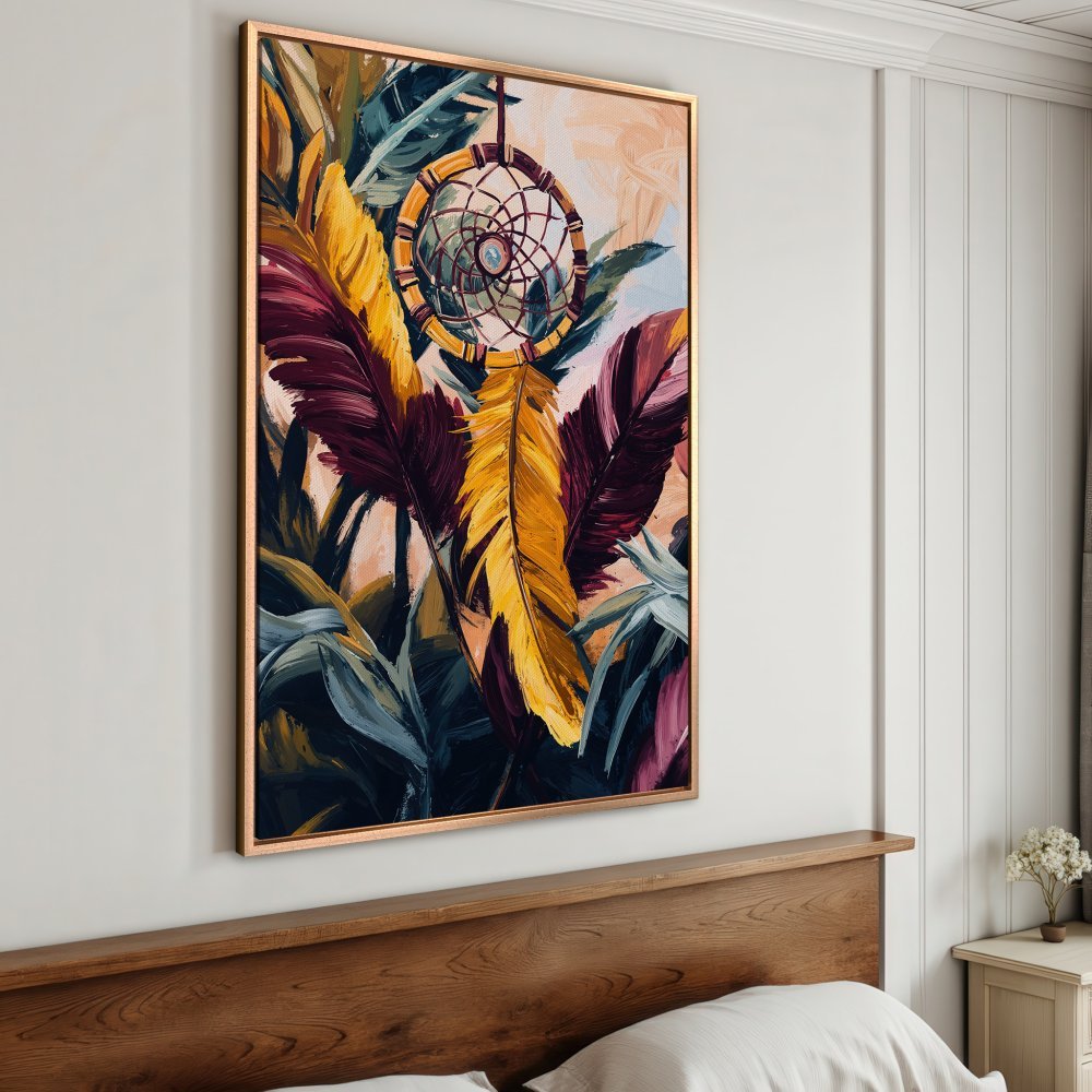 Framed Wall Art: Dreamcatcher Canvas Print with vibrant feathers. Boho style, warm color palette of yellow, burgundy, and teal. Perfect bedroom decor!