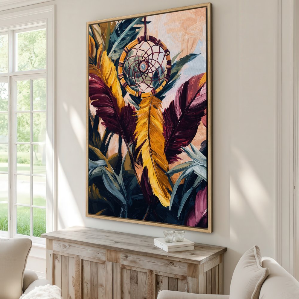Framed Wall Art: Dreamcatcher Canvas Print with vibrant feathers in warm yellow, burgundy, and teal hues. Perfect boho decor for any room!