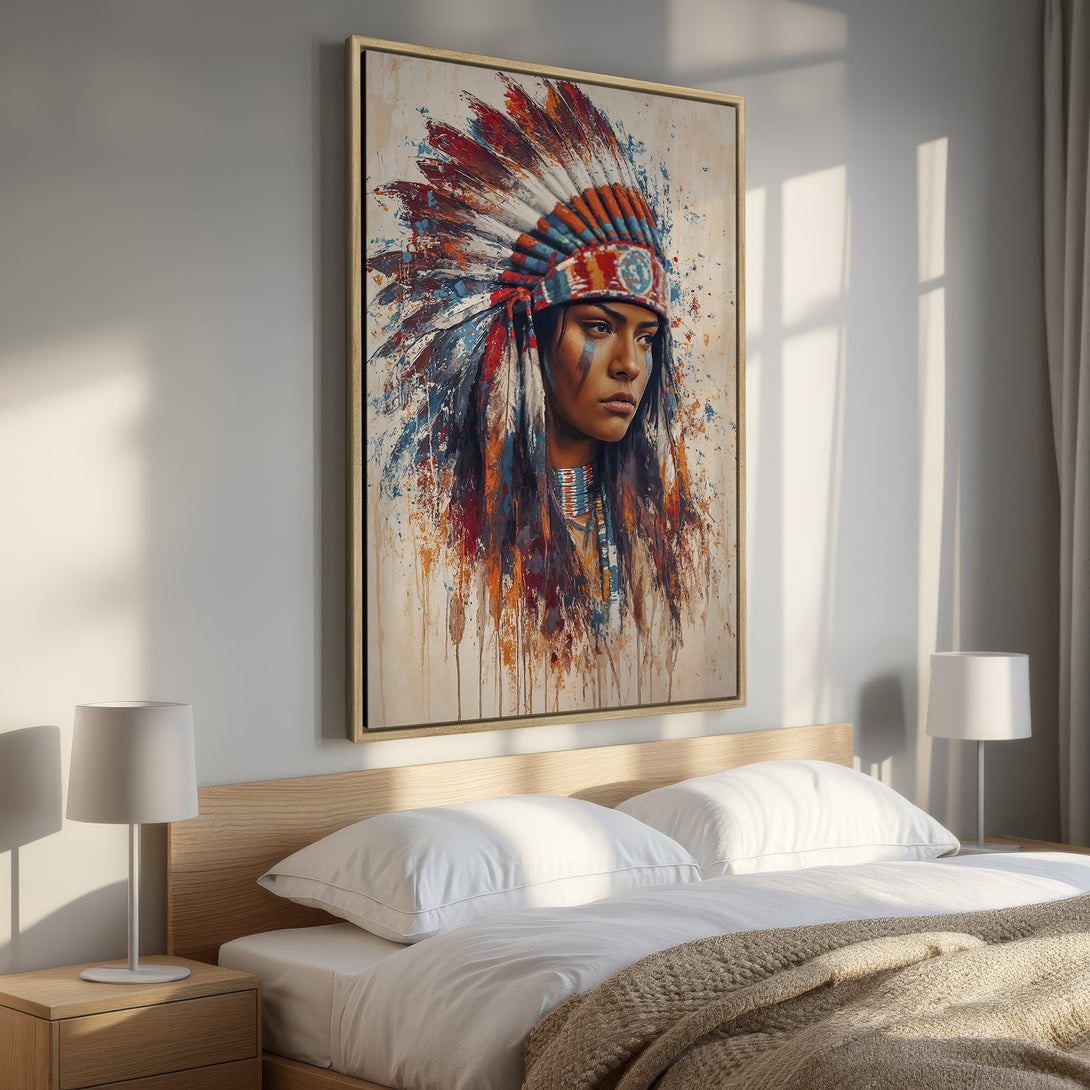 Framed Wall Art: Native American portrait in vibrant watercolor style. Features a warm color palette of reds, blues, and oranges. Perfect for adding art to your bedroom!