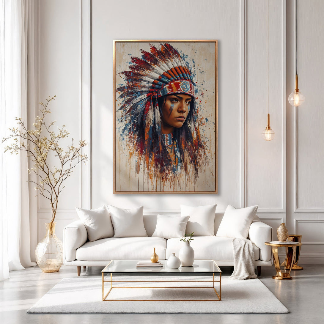Framed Wall Art: Native American portrait canvas print in a modern living room. Features vibrant colors & an abstract style. Perfect for home decor.