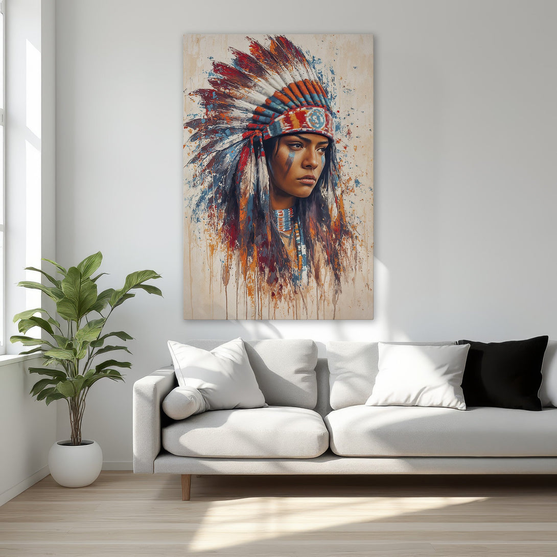 Framed Wall Art featuring a Native American woman in a colorful, abstract style. Warm, earthy tones with pops of red and blue. Perfect for any room!
