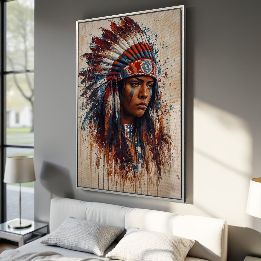 Framed Wall Art: Native American woman portrait in vibrant watercolor style. Features a warm color palette with red, blue, and orange accents. Perfect for home decor.