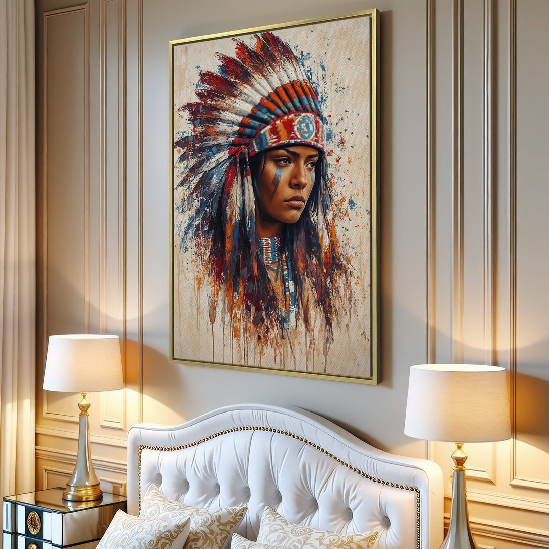 Canvas Print featuring a Native American portrait in vibrant watercolor style. Warm earth tones and bold blues/reds create a stunning focal point for any room.
