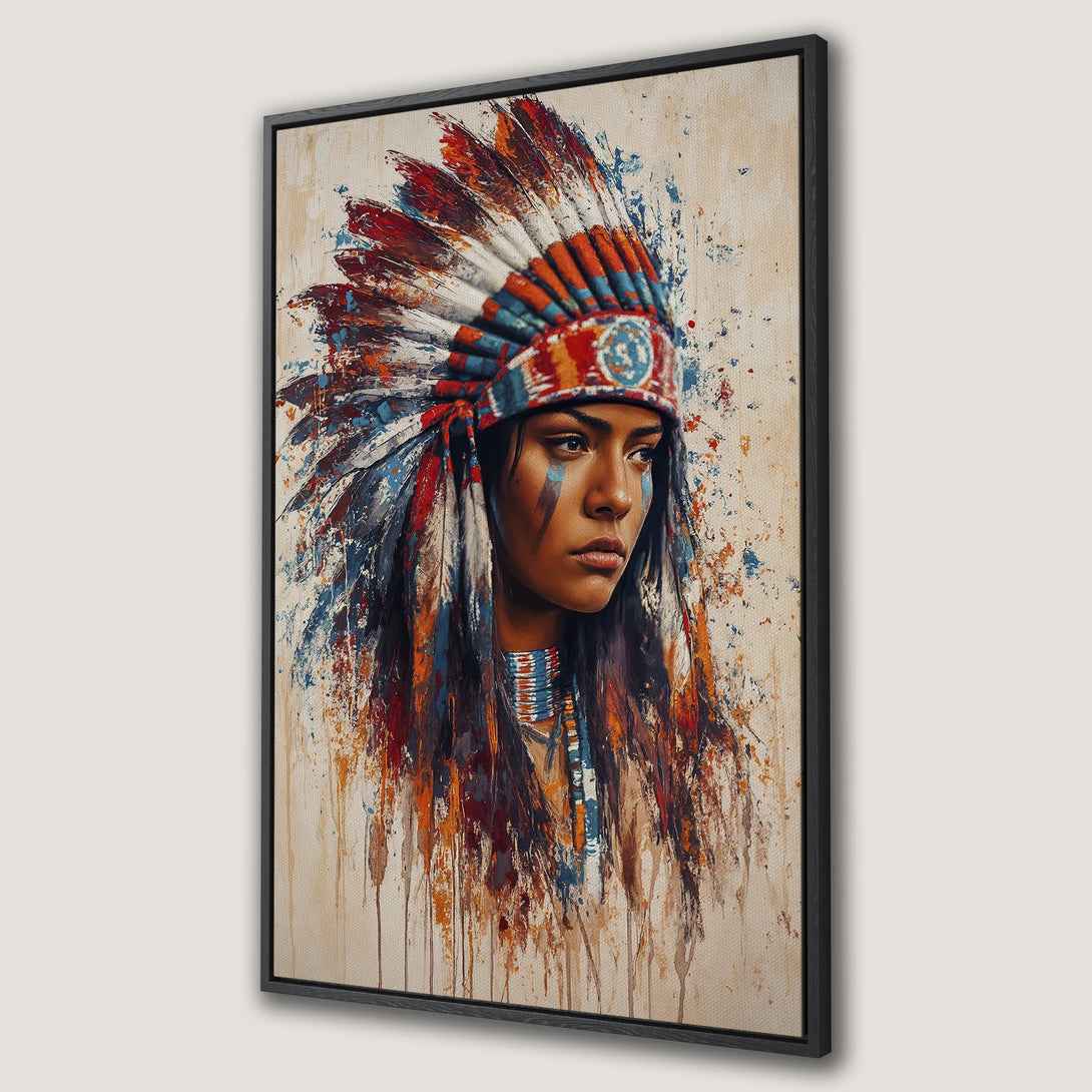 Framed Wall Art: Native American portrait canvas print. Abstract style with vibrant red, blue, and orange hues. Perfect for adding a touch of culture to your space.