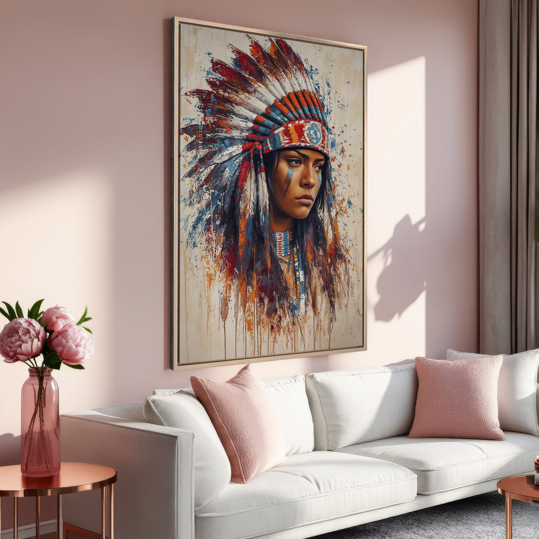 Framed Wall Art: Abstract Native American portrait in vibrant blues, oranges, and reds. Adds artistic flair to any space. Perfect for living room decor!