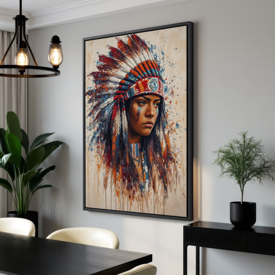Framed Wall Art: Stunning Native American portrait canvas print in vibrant red, blue, and orange hues. Perfect for adding a touch of culture and style to your home decor.