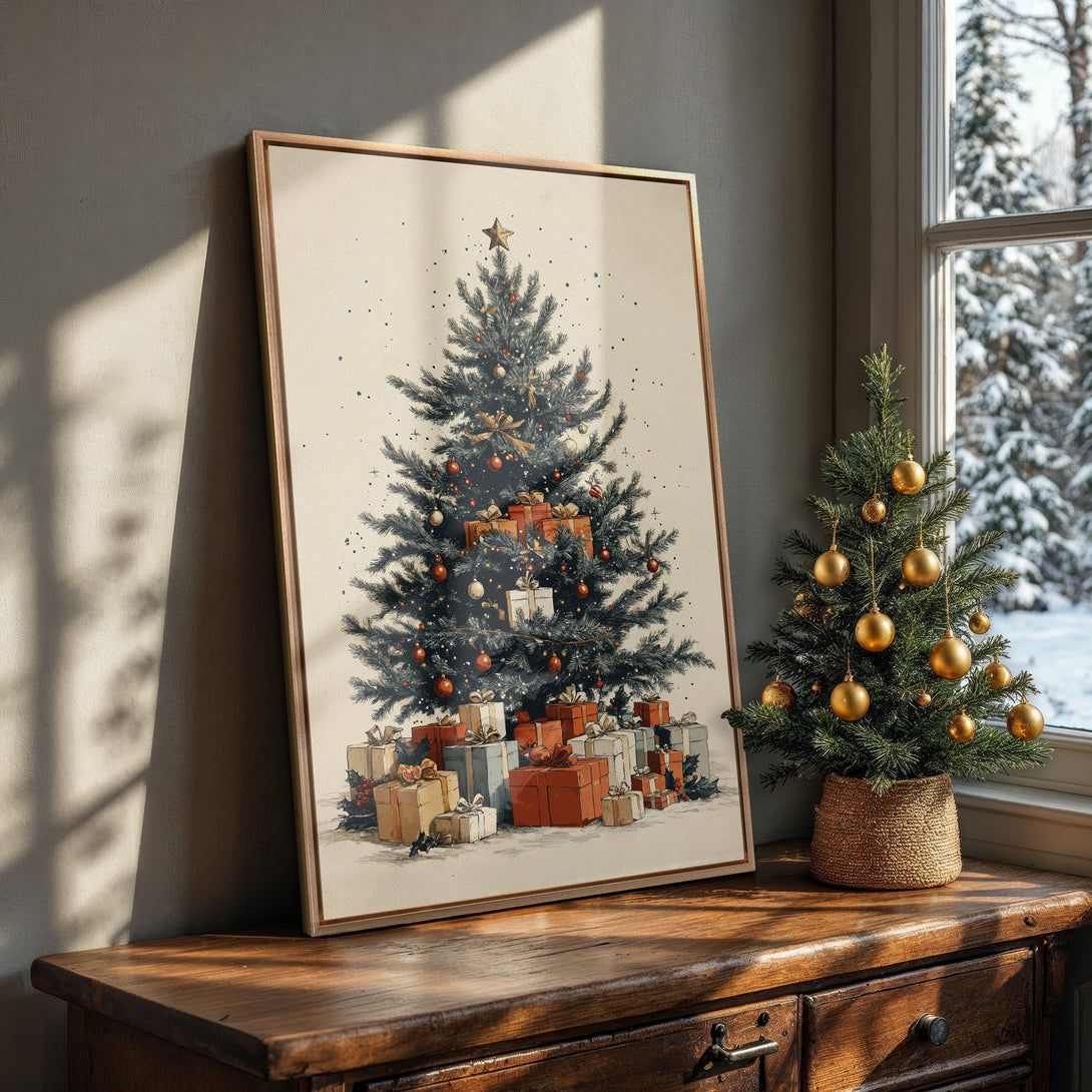 Framed Wall Art: Vintage Christmas tree illustration with a warm, neutral color palette. Perfect holiday decor for a cozy, inviting home.