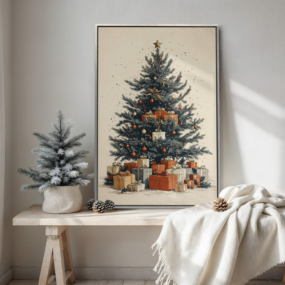 Framed Wall Art: Vintage Christmas tree print in muted blues, oranges, and creams. Perfect holiday decor for a cozy, inviting space. Shop now!
