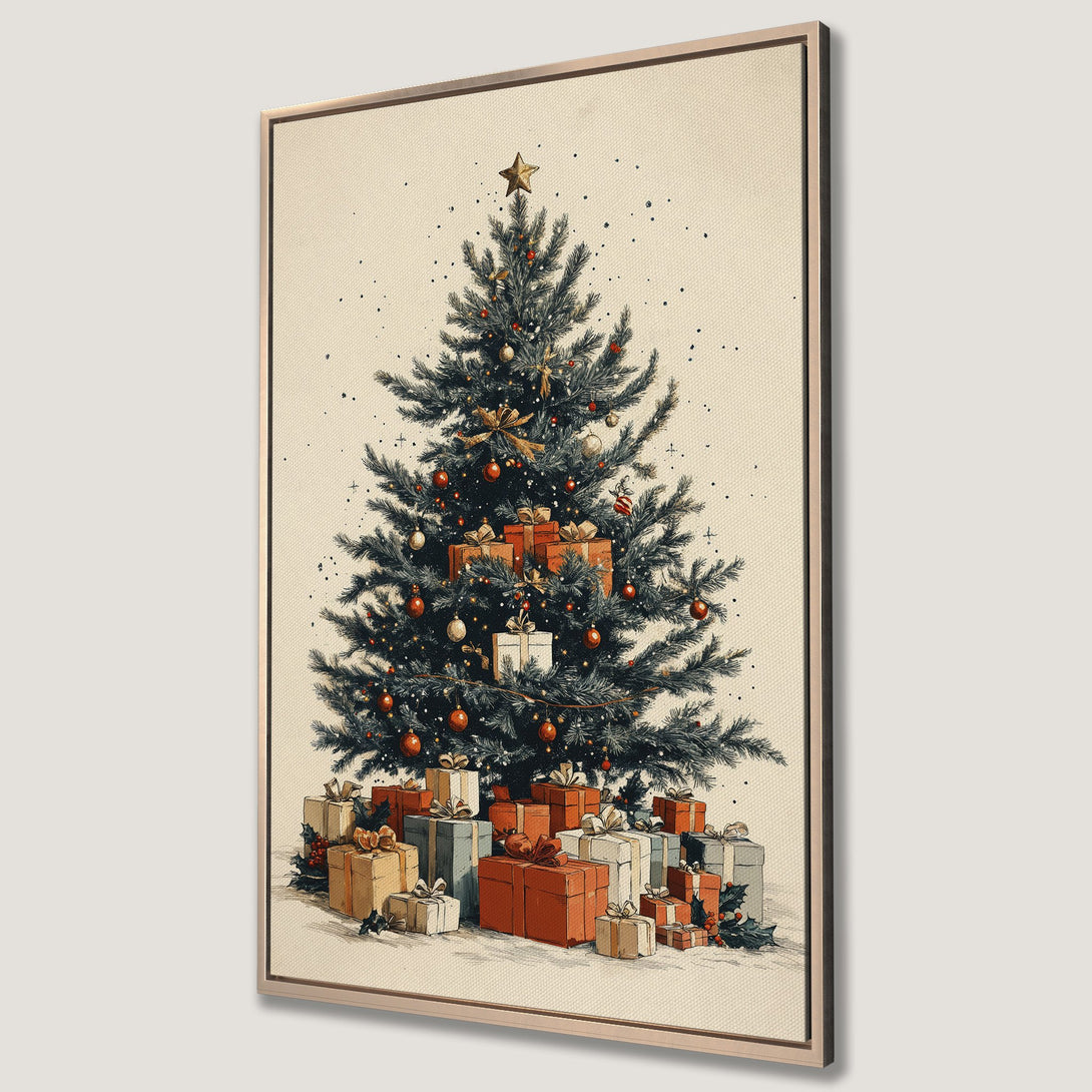 Framed Wall Art featuring a vintage-style Christmas tree with gifts. Warm, neutral tones with pops of red and gold. Perfect holiday decor!