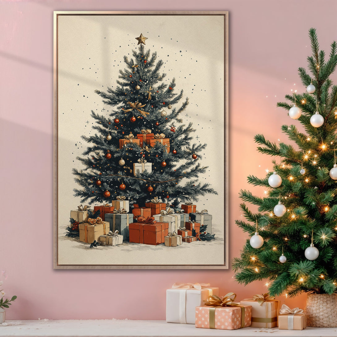 Framed Wall Art featuring a Christmas tree illustration with gifts. Vintage style, warm color palette. Perfect holiday decor for your home!