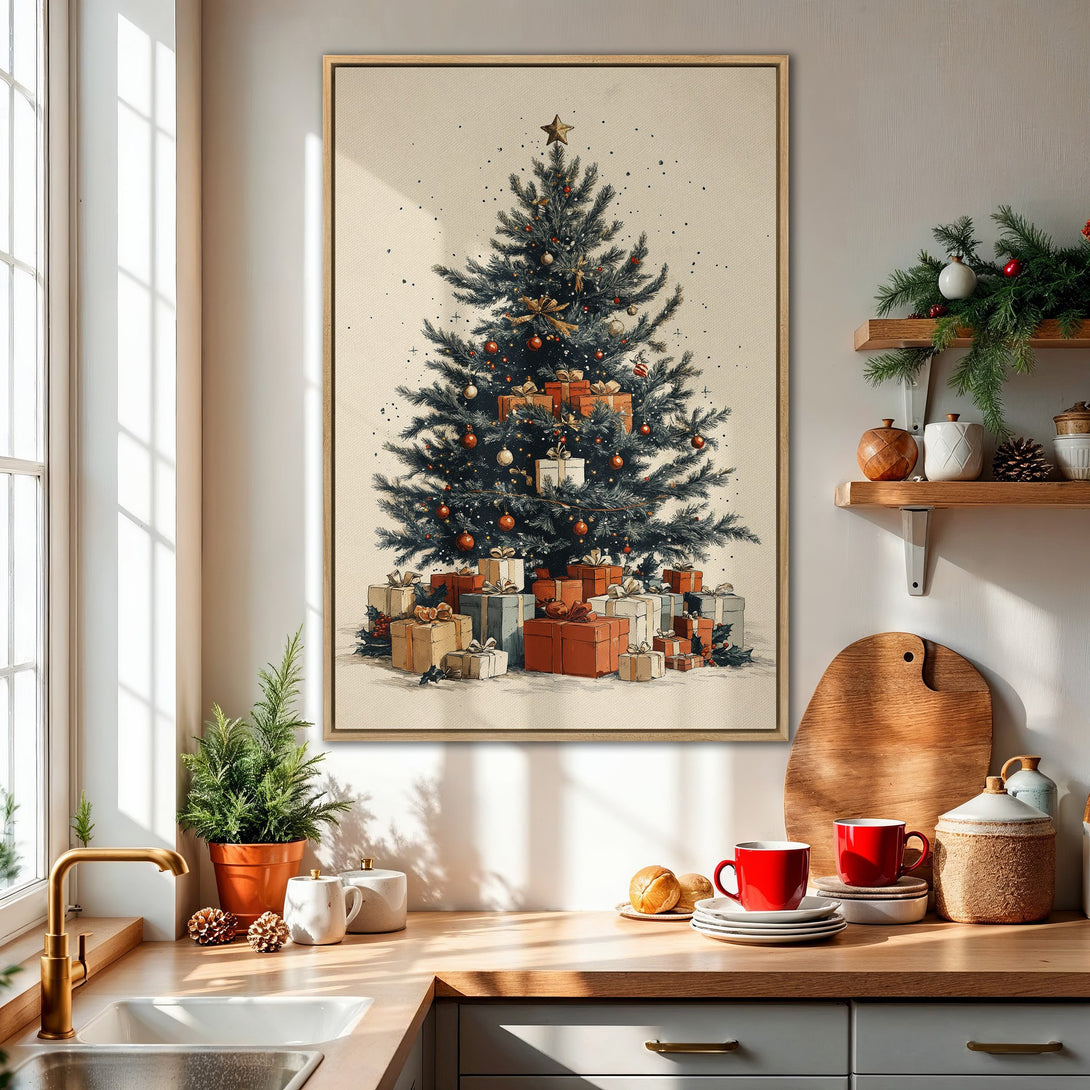 Framed Wall Art featuring a vintage-style Christmas tree illustration. Neutral color palette with pops of red. Perfect holiday decor for your home!