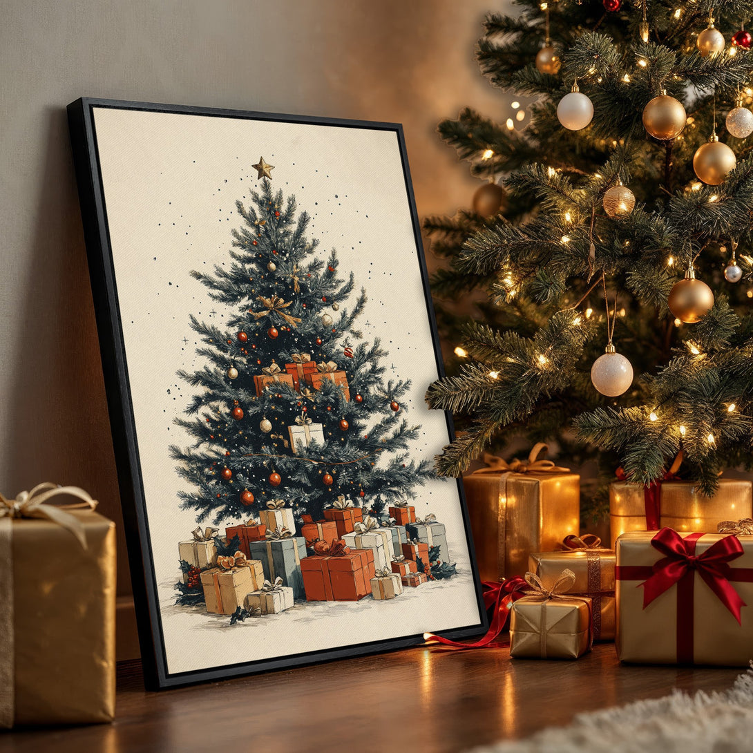 Framed Wall Art featuring a Christmas tree illustration in a warm, vintage style. Earthy tones with pops of red and gold create a cozy holiday vibe.