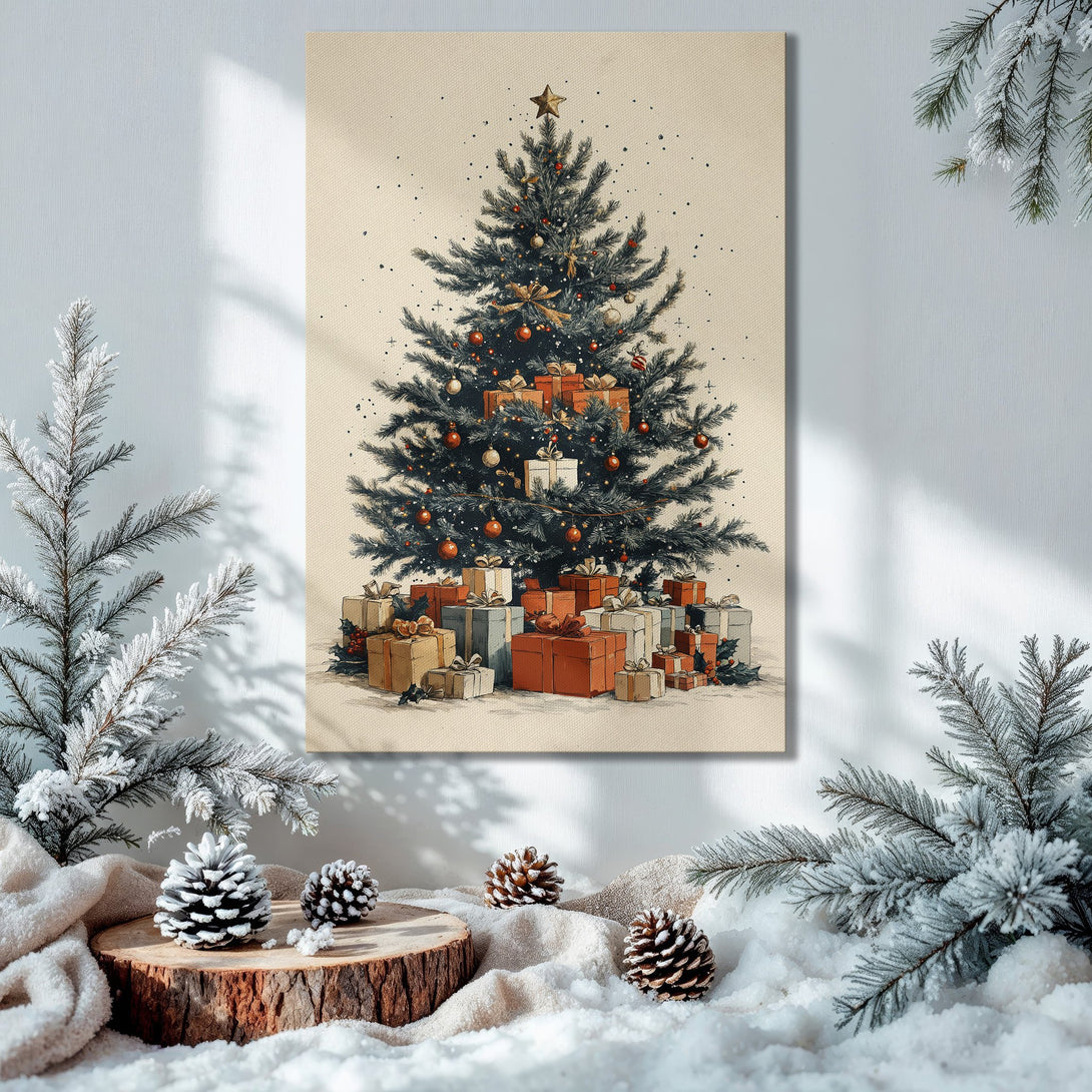 Framed Wall Art of a Christmas tree in a classic style with a warm, festive color palette, perfect for holiday decor.
