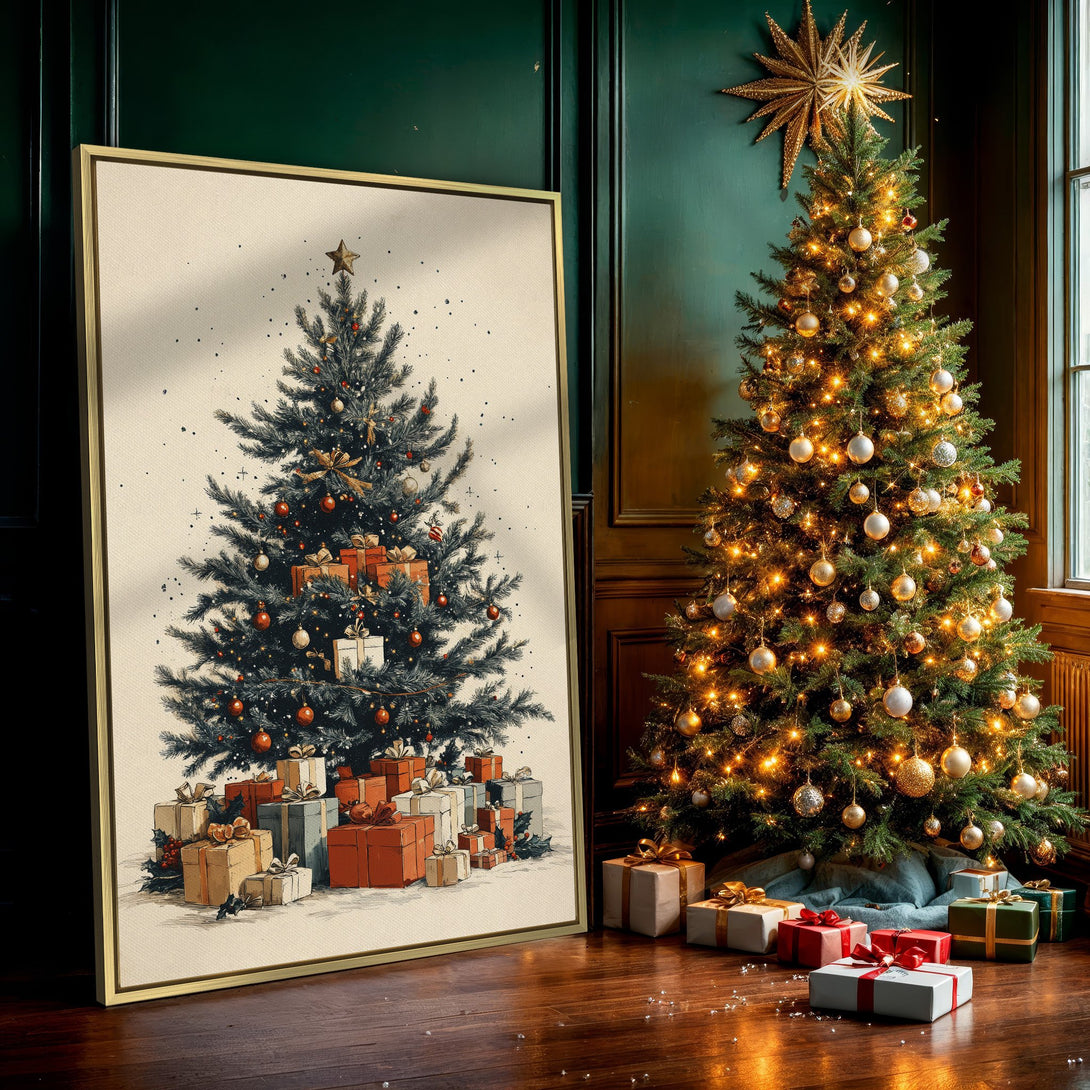 Canvas Print of a vintage-style Christmas tree with gifts, in a neutral color palette. Perfect holiday wall art!