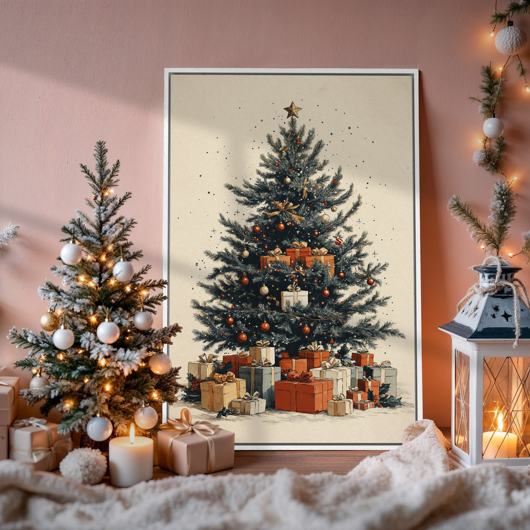 Framed Wall Art: Vintage Christmas tree print with warm, inviting colors. Perfect holiday decor for a cozy, festive atmosphere.