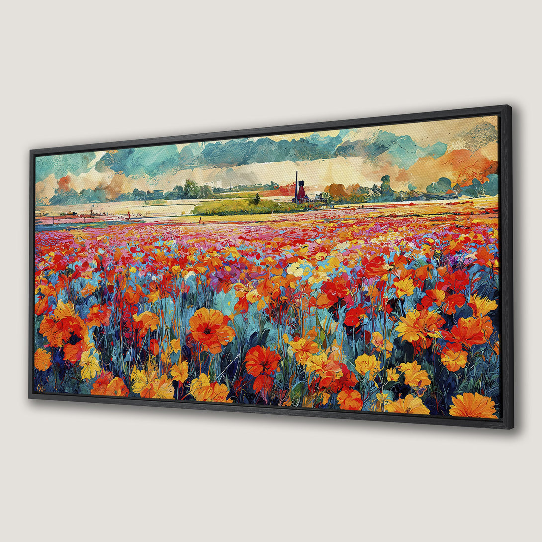 Framed Wall Art: Vibrant poppy field canvas print. Impressionist style with warm orange, red, and blue color palette. Perfect for adding a pop of color to any space.