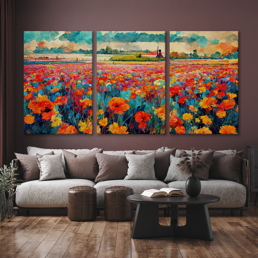 Canvas Print of vibrant poppy field art in a colorful, impressionistic style. Features a warm, inviting color palette of red, orange, and blue.