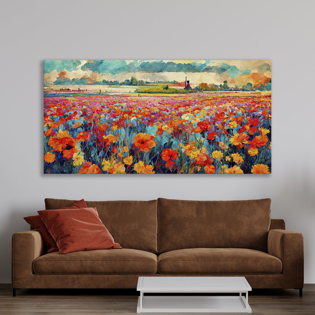 Framed Wall Art: Vibrant floral field painting with a warm, colorful palette. Perfect for adding a touch of nature and artistry to your home decor.