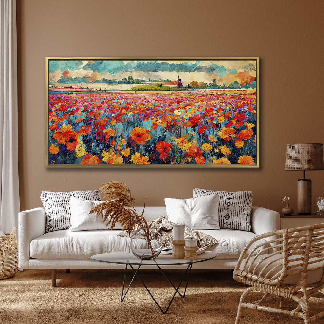 Canvas Print of a vibrant floral field in watercolor style with a colorful palette of red, orange, and blue. Perfect wall art!
