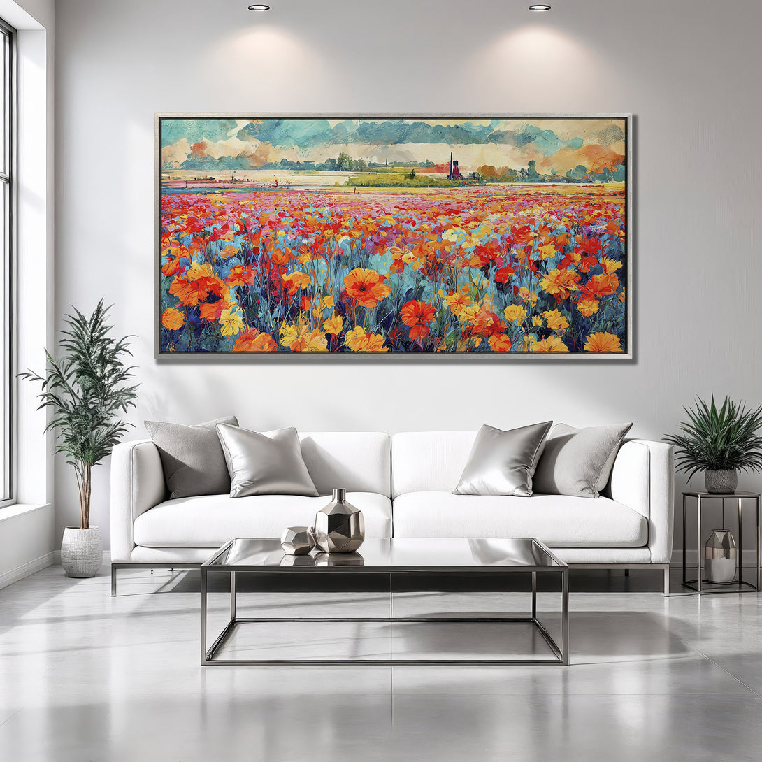 Framed Wall Art: Vibrant floral landscape Canvas Print. Impressionistic style with warm orange, red, and blue hues. Perfect for living room decor.