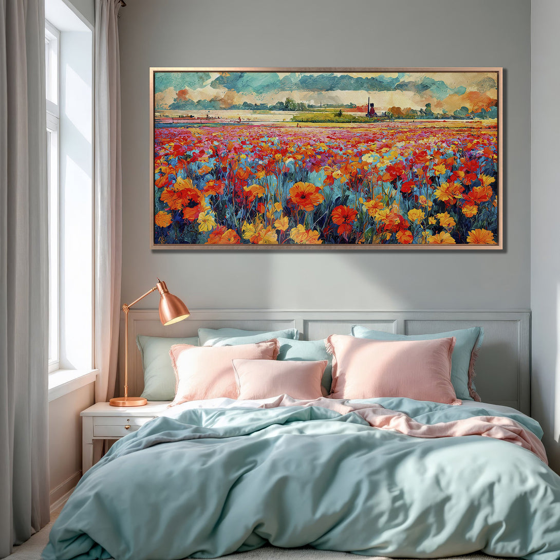 Framed Wall Art: Vibrant floral field canvas print in a bedroom, featuring a colorful palette of orange, blue, and yellow. Perfect for adding a pop of color to your space!