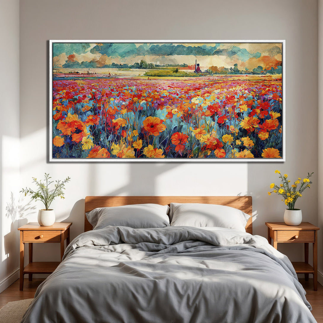 Framed Wall Art: Vibrant poppy field painting in a bedroom. Colorful impressionist style with orange, yellow, and blue hues. Perfect for home decor.