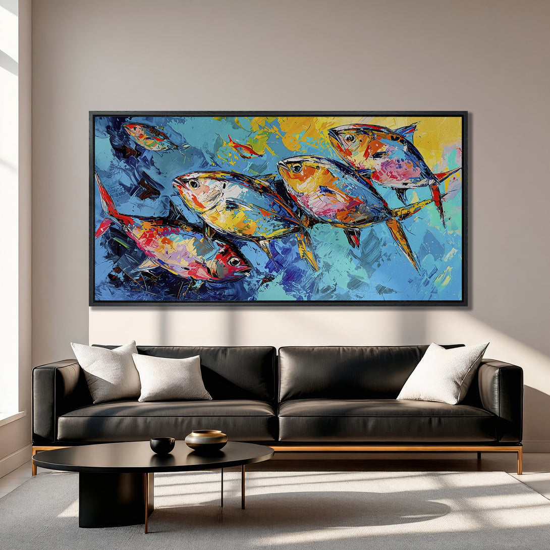 Framed Wall Art: Colorful abstract fish painting in vibrant blues, yellows, and reds. Modern art canvas print to elevate your home decor.