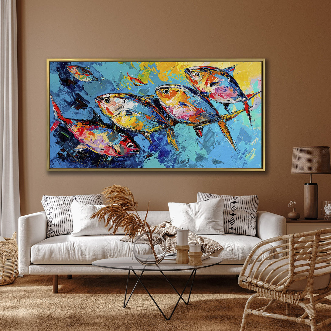 Vibrant Canvas Print of colorful abstract fish art. Modern decor with a stunning blue, yellow, and red palette, perfect for any living space.