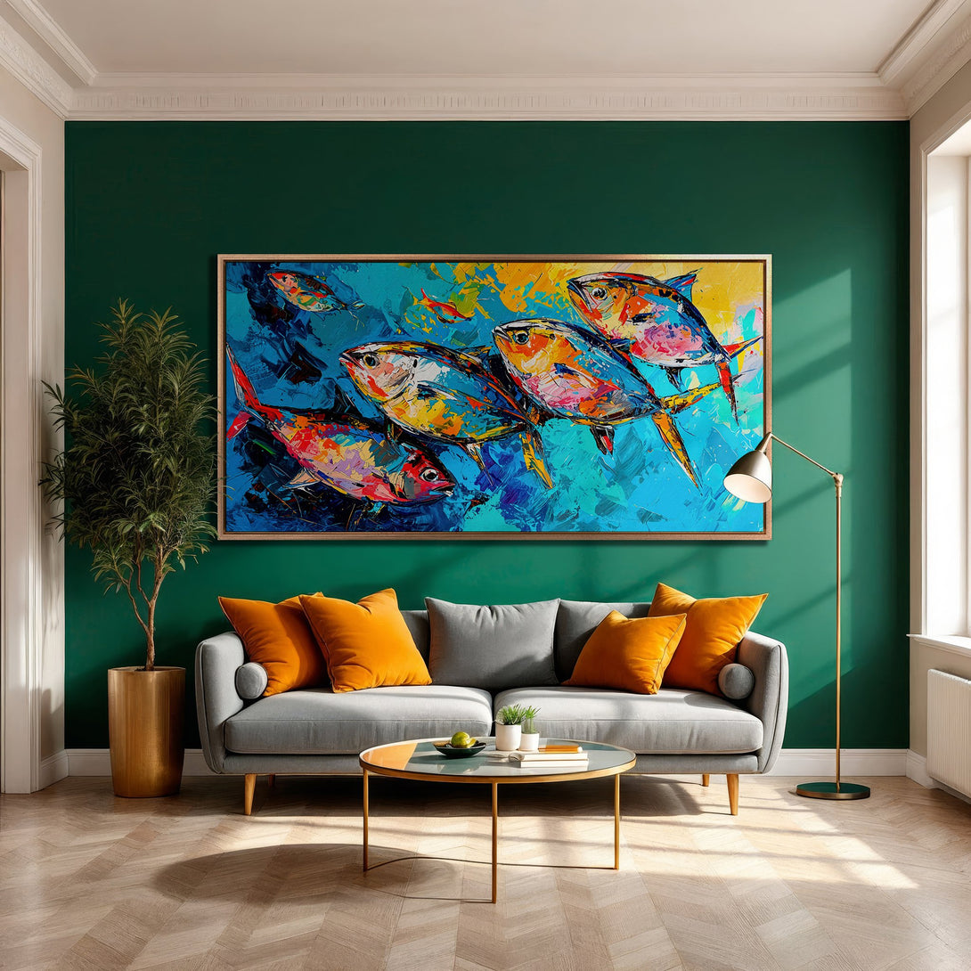 Framed Wall Art: Vibrant fish painting in a modern living room. Colorful abstract style with blue, orange, and yellow hues. Perfect for adding a pop of color.
