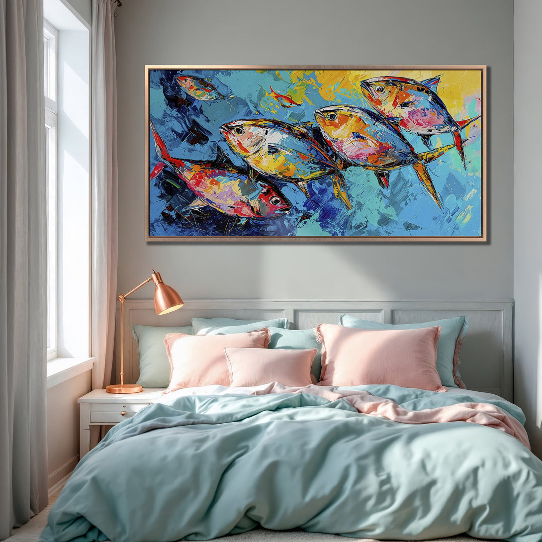 Framed Wall Art: Vibrant abstract fish painting in blue, yellow, and red hues. Perfect for adding a pop of color to your bedroom decor.