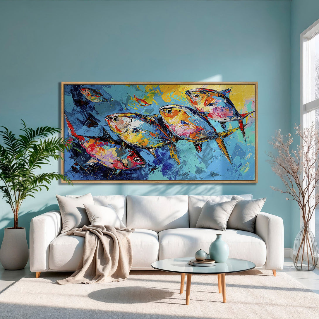 Framed Wall Art: Colorful fish painting in a modern style with a vibrant blue, yellow, and orange palette. Perfect for adding a pop of art to your living room!